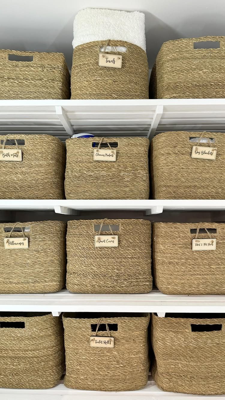 Woven seagrass baskets with labels arranged on white slatted shelves in a storage cupboard.