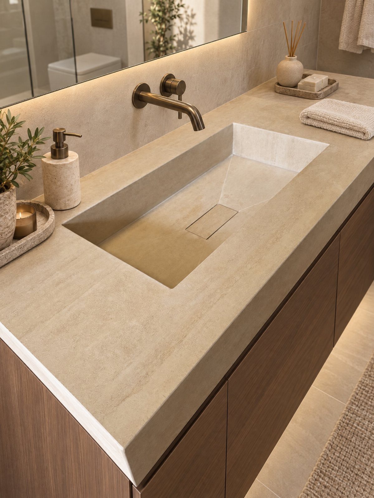 Beige stone-textured bathroom countertop featuring an integrated rectangular sink and bronze faucet.