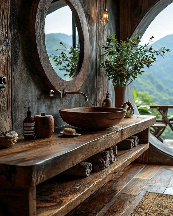 A rustic wooden bathroom vanity with a vessel sink, round mirror, and greenery against a wooden wall.