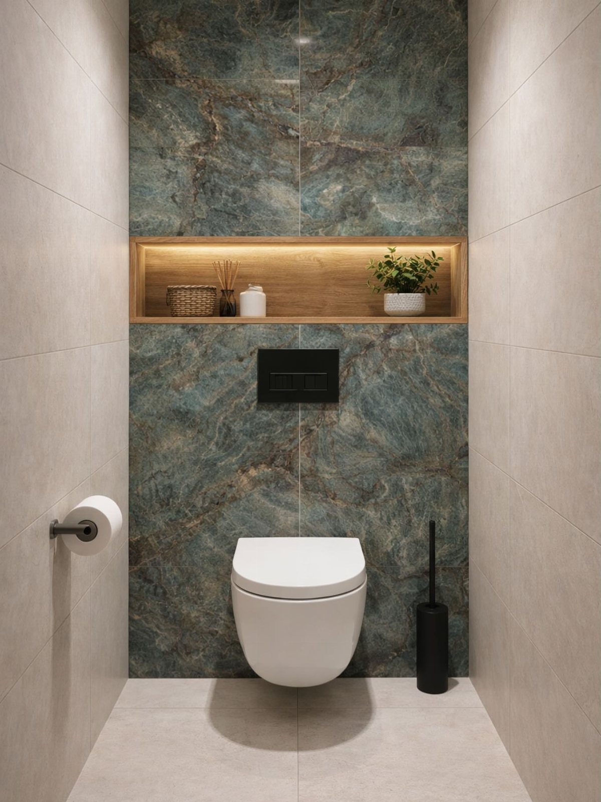 White wall-hung toilet positioned against blue marble accent tiles and a wooden recessed shelf.