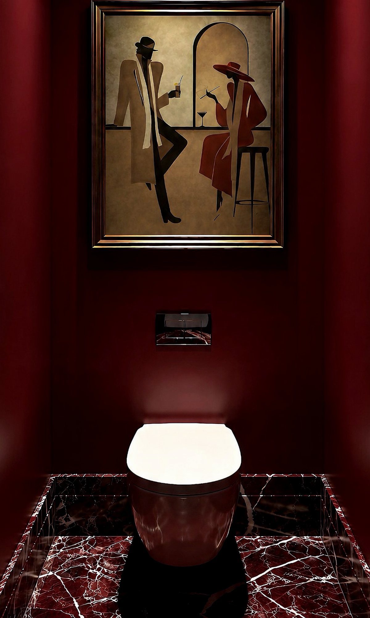 A dark red bathroom wall featuring a framed painting above a white vessel sink.