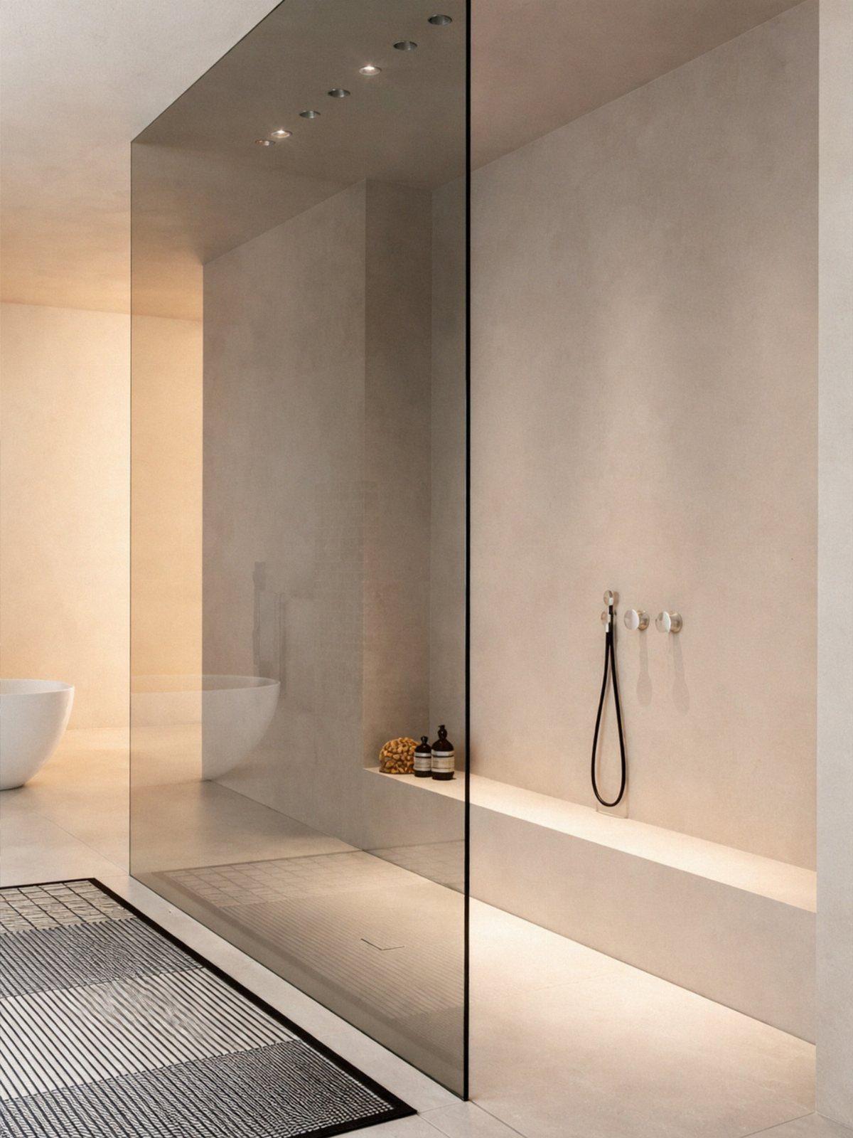 Minimalist walk-in shower with glass partition, beige walls, and a built-in bench in a modern bathroom.