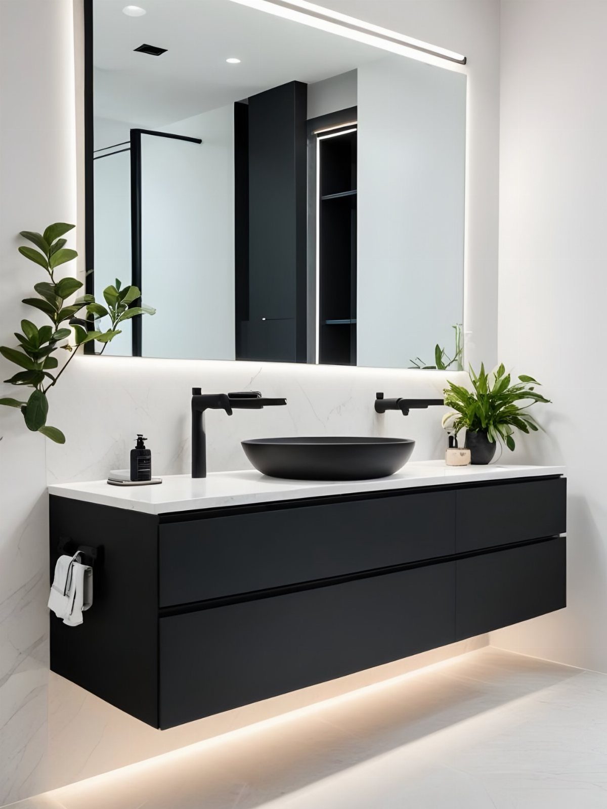 Black floating vanity with a white countertop, black vessel sink, and large backlit mirror in a bathroom.