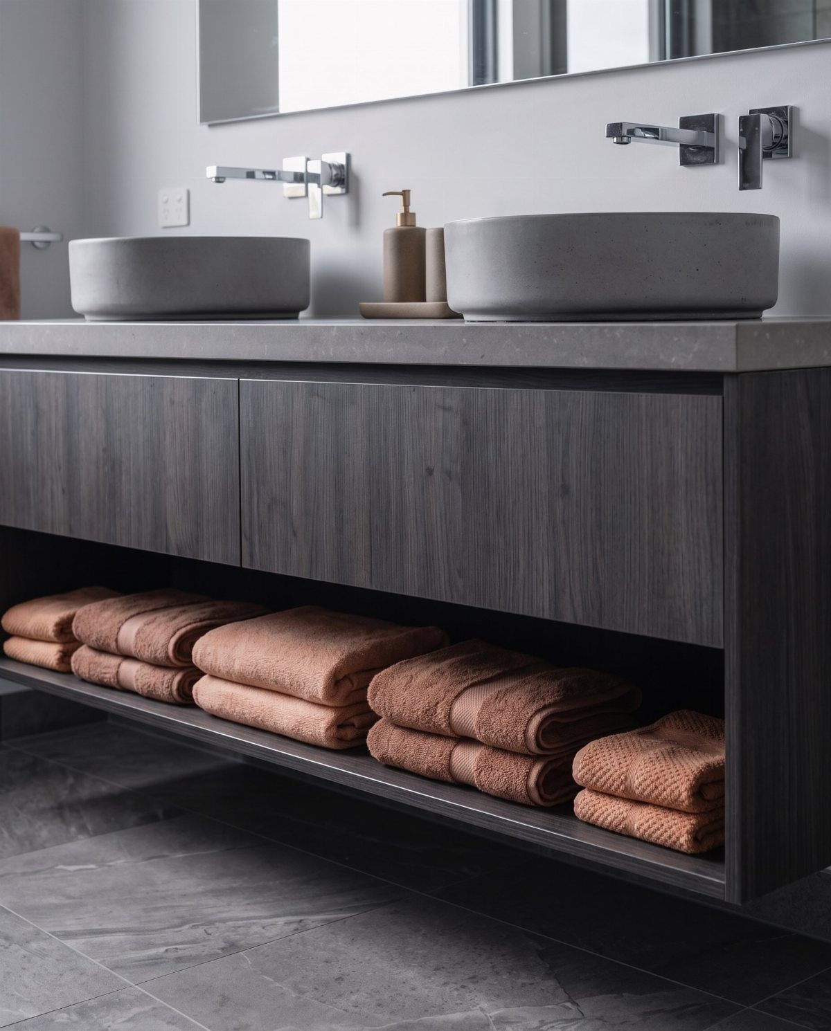 Two grey concrete vessel sinks resting on a dark wood floating bathroom vanity.