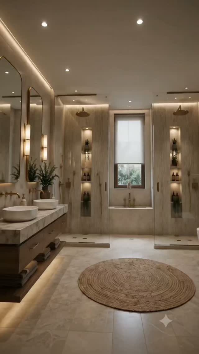 A modern master bathroom with a marble double vanity, vessel sinks, and two glass showers.