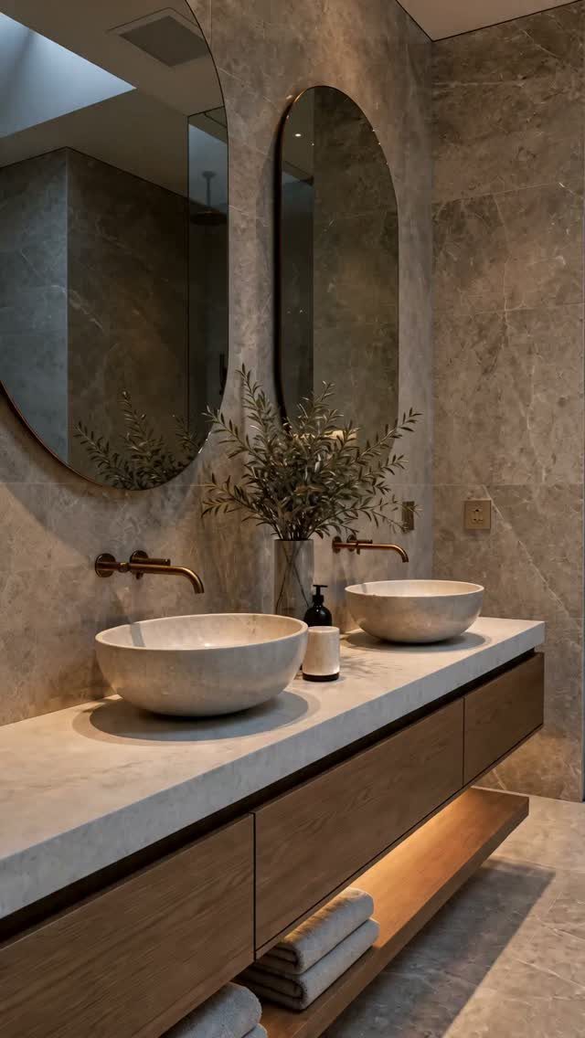 A wooden floating vanity with stone countertop and vessel sinks in a marble bathroom.