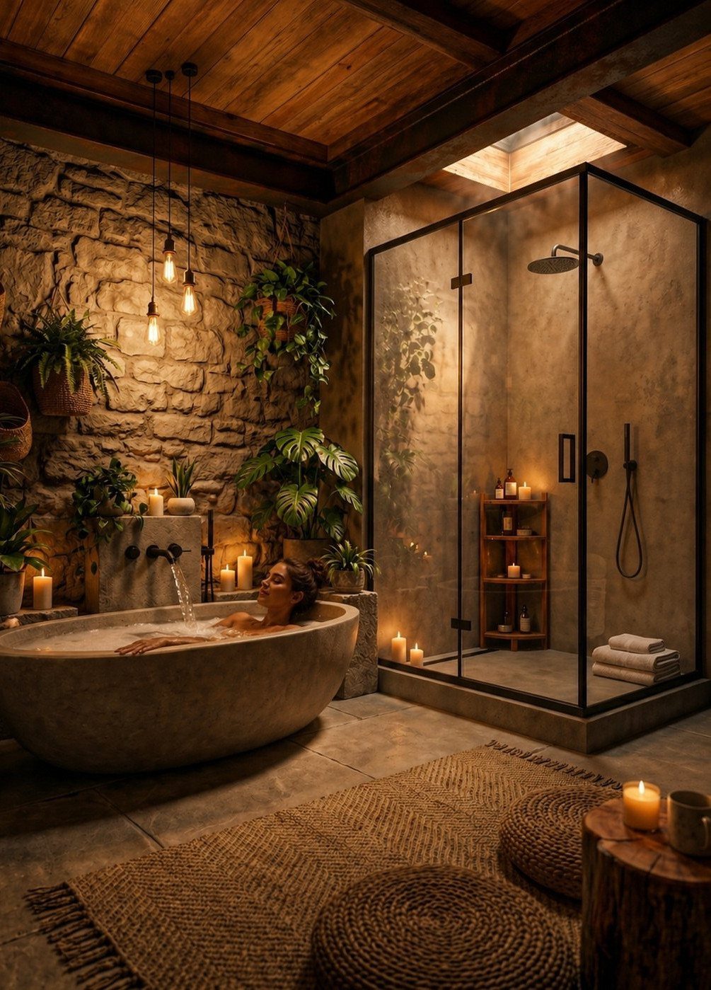 A person relaxes in a stone bathtub surrounded by lush green plants and warm candlelight.