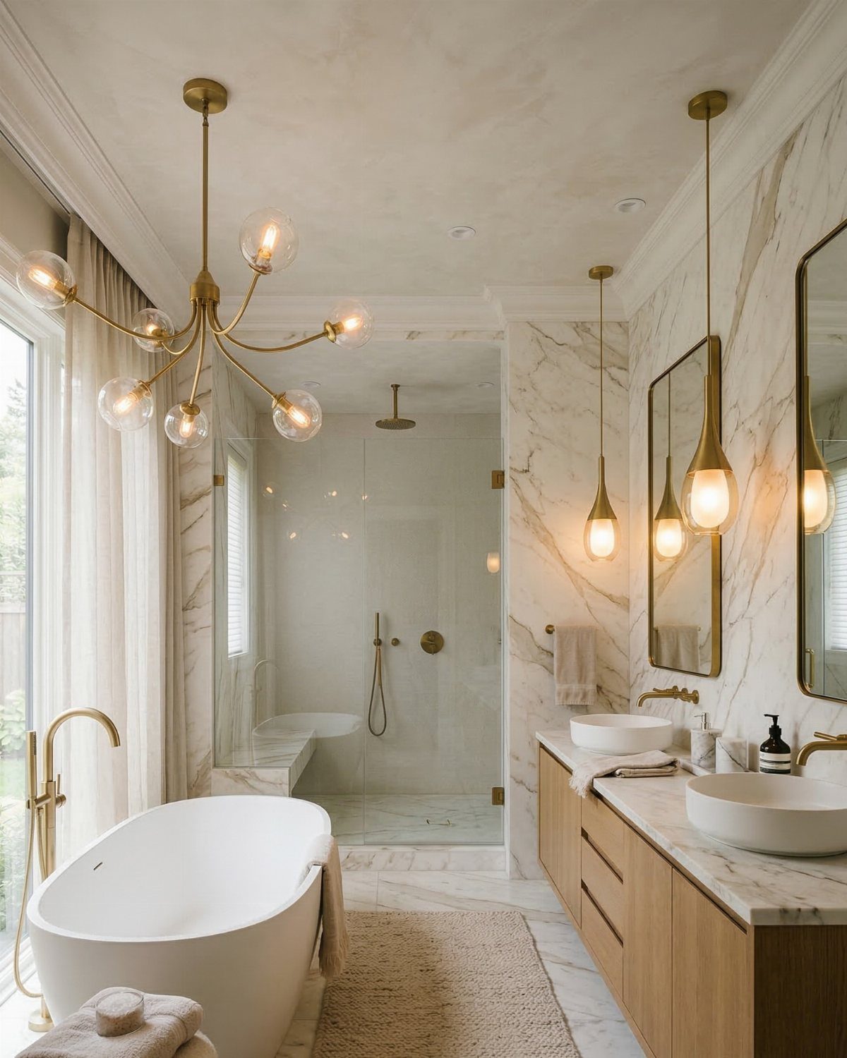 A luxurious marble bathroom with a white freestanding tub and gold statement lighting fixtures.