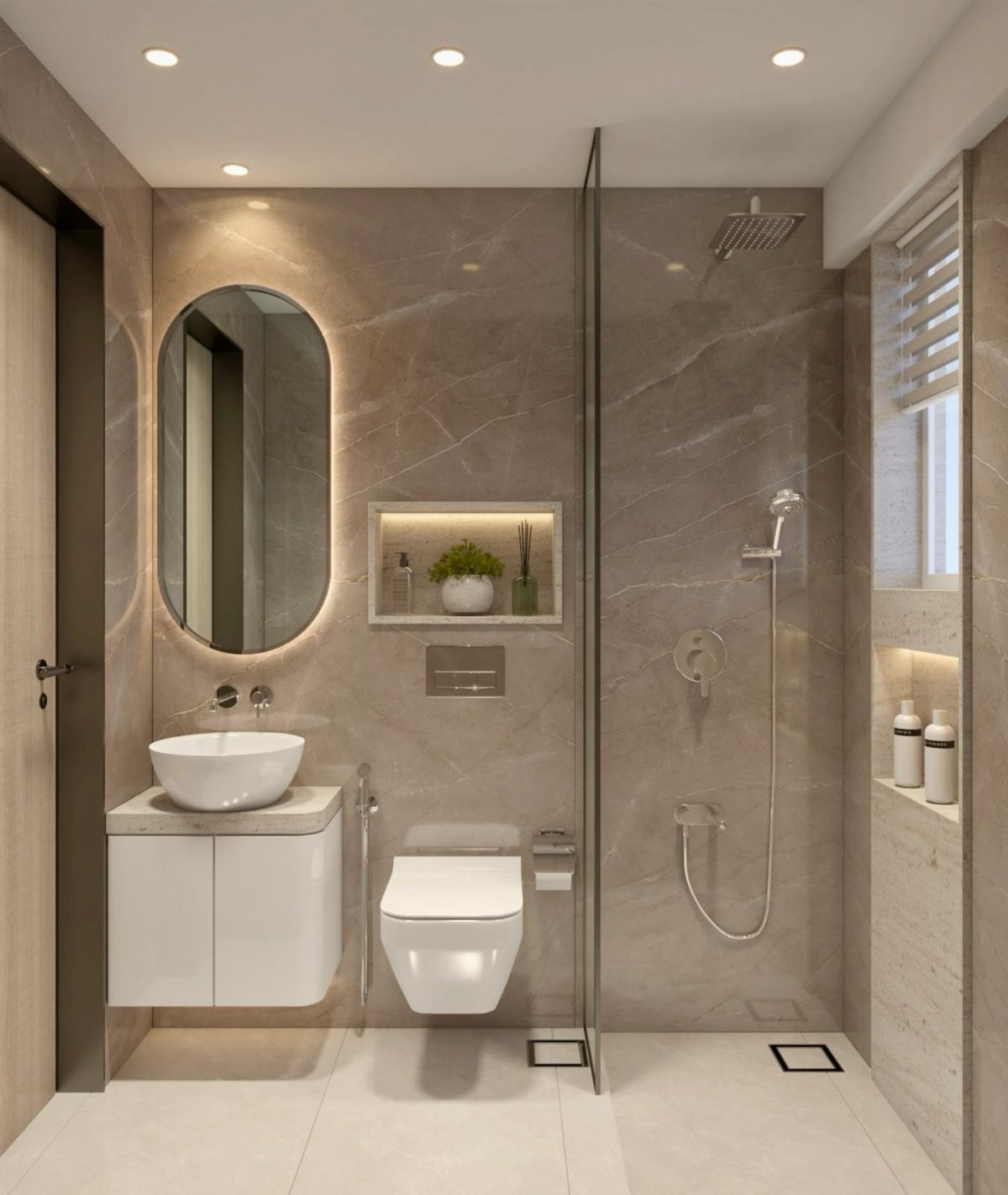 Modern narrow bathroom featuring a backlit oval mirror, floating vanity, and integrated niche lighting.