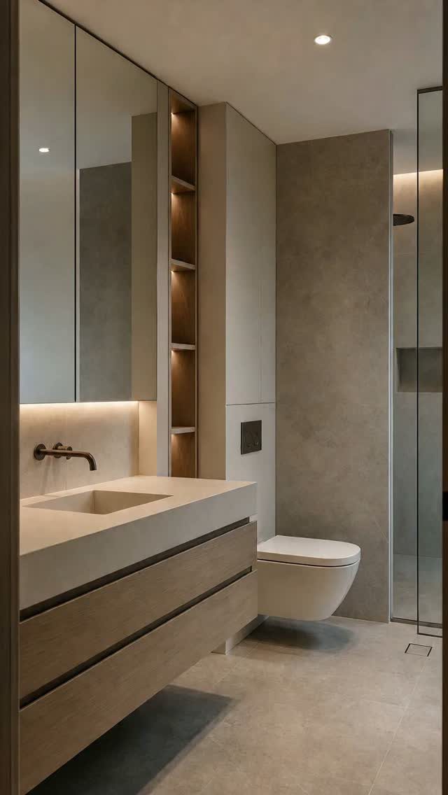 Modern narrow bathroom with a floating wooden vanity, large mirror, and wall-hung toilet against grey walls.