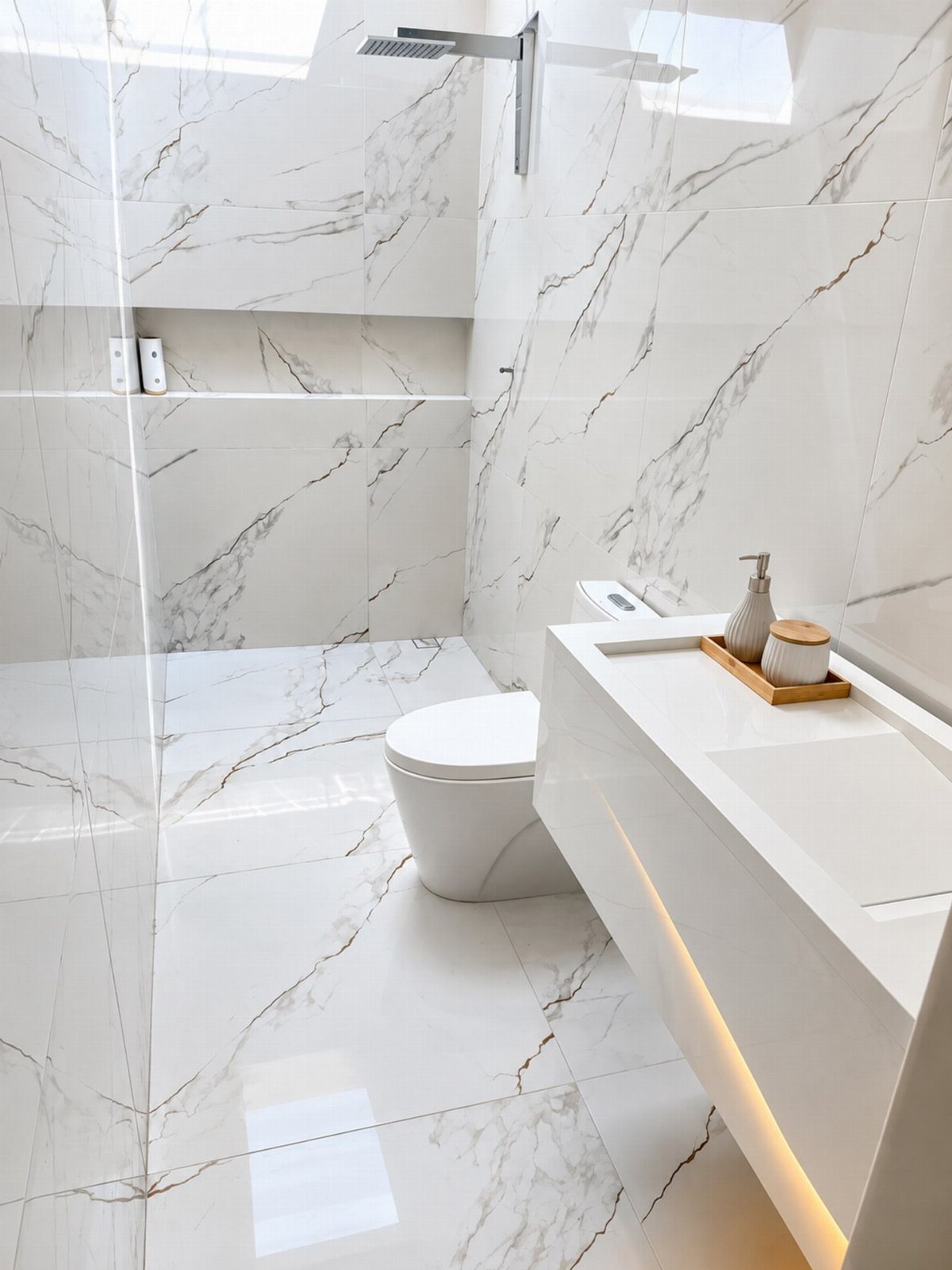 Modern bathroom with large white marble-patterned porcelain tiles on walls and floor.