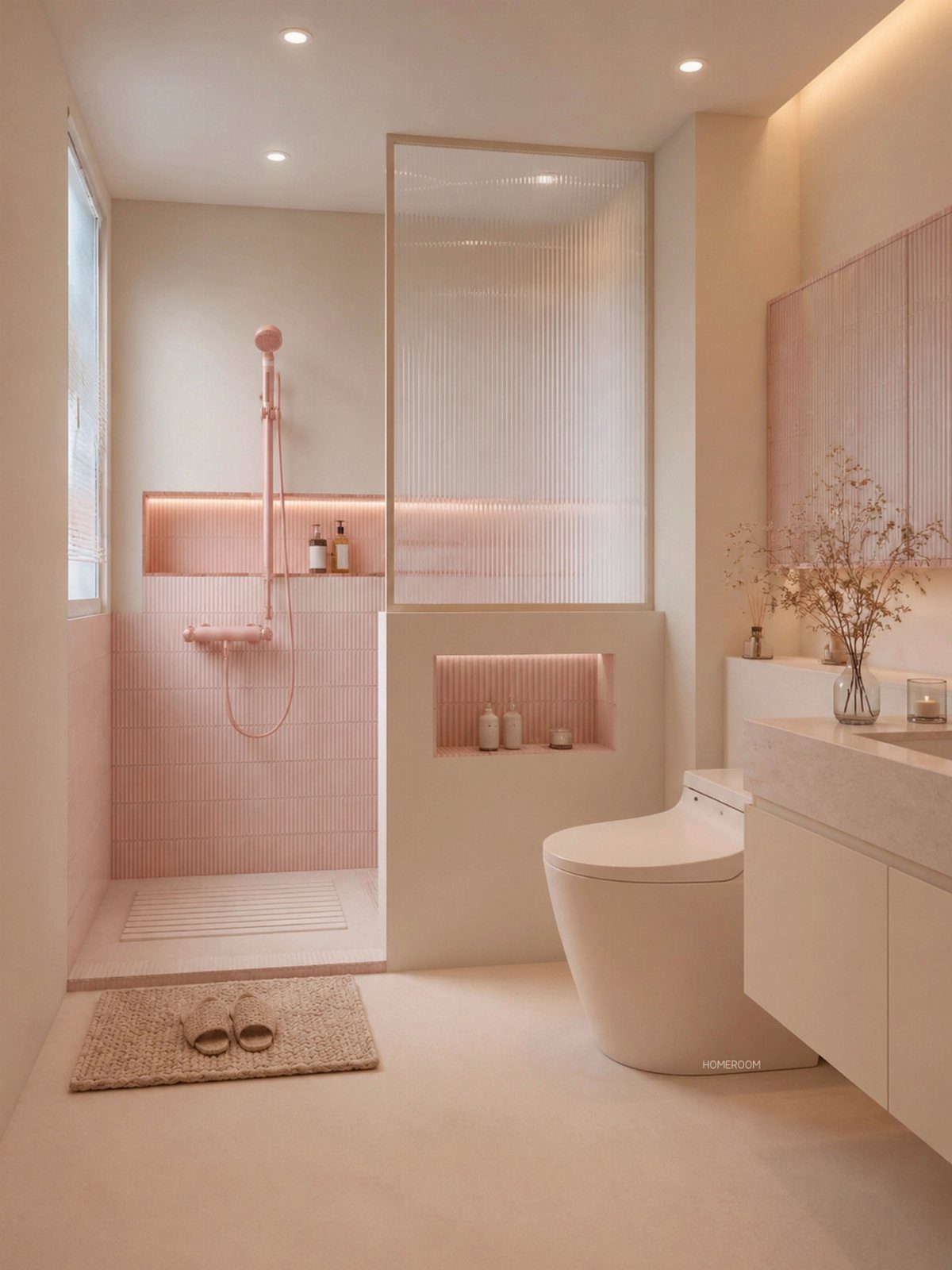 A modern bathroom designed with a soft pastel pink and cream color palette.