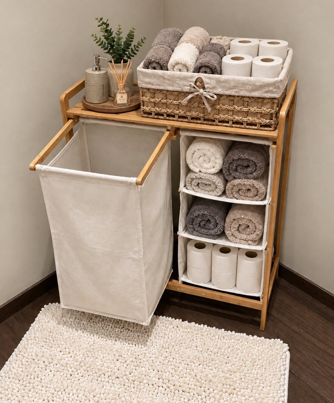 A wooden storage cart holding white fabric bins and a woven basket filled with towels and toilet paper.