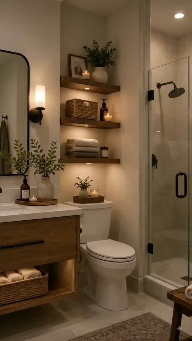 Wooden floating shelves holding towels and decorative items mounted on a bathroom wall above a toilet.