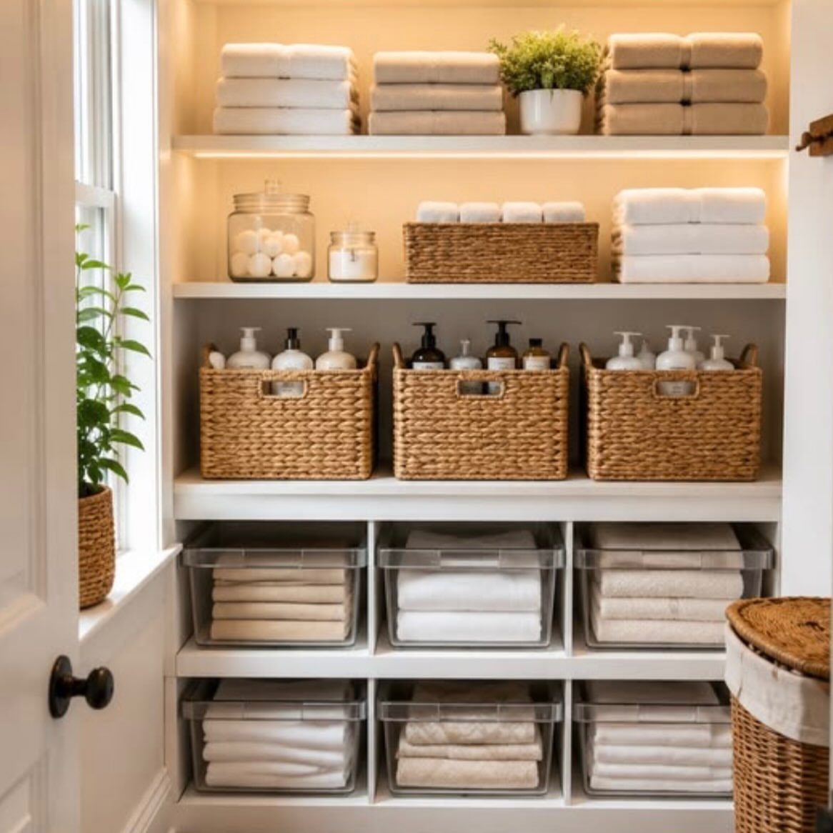White built-in shelving units organized with folded towels, wicker baskets, and clear storage bins.