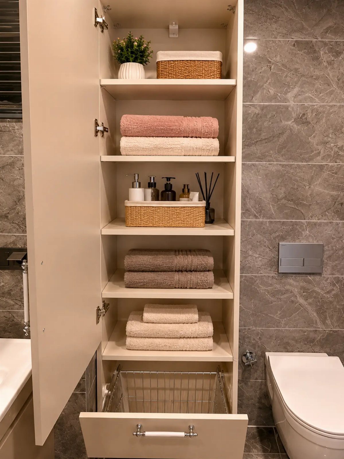 An open white bathroom storage cabinet with shelves containing folded towels and small decorative baskets.