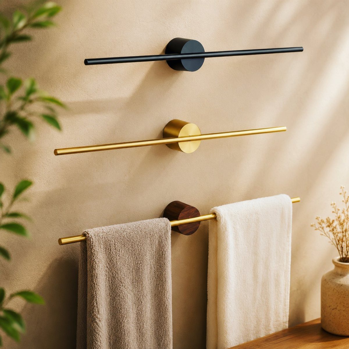 Three minimalist horizontal towel bars mounted on a beige wall with two hanging towels.