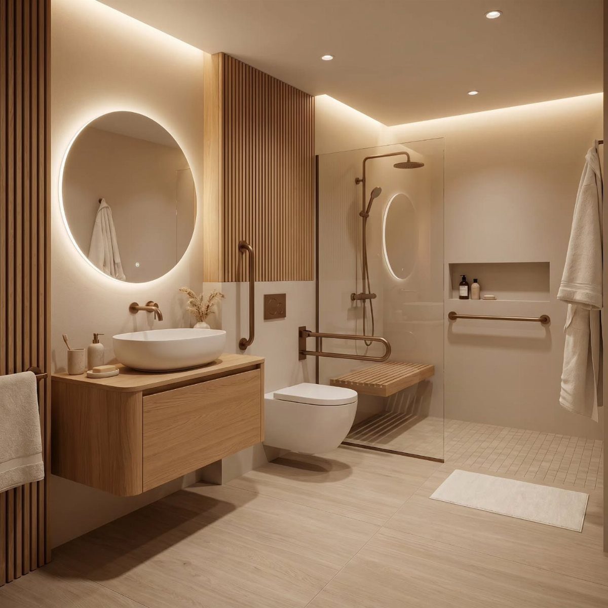 Modern accessible bathroom with floating vanity, wall-mounted toilet, and walk-in shower with grab bars.