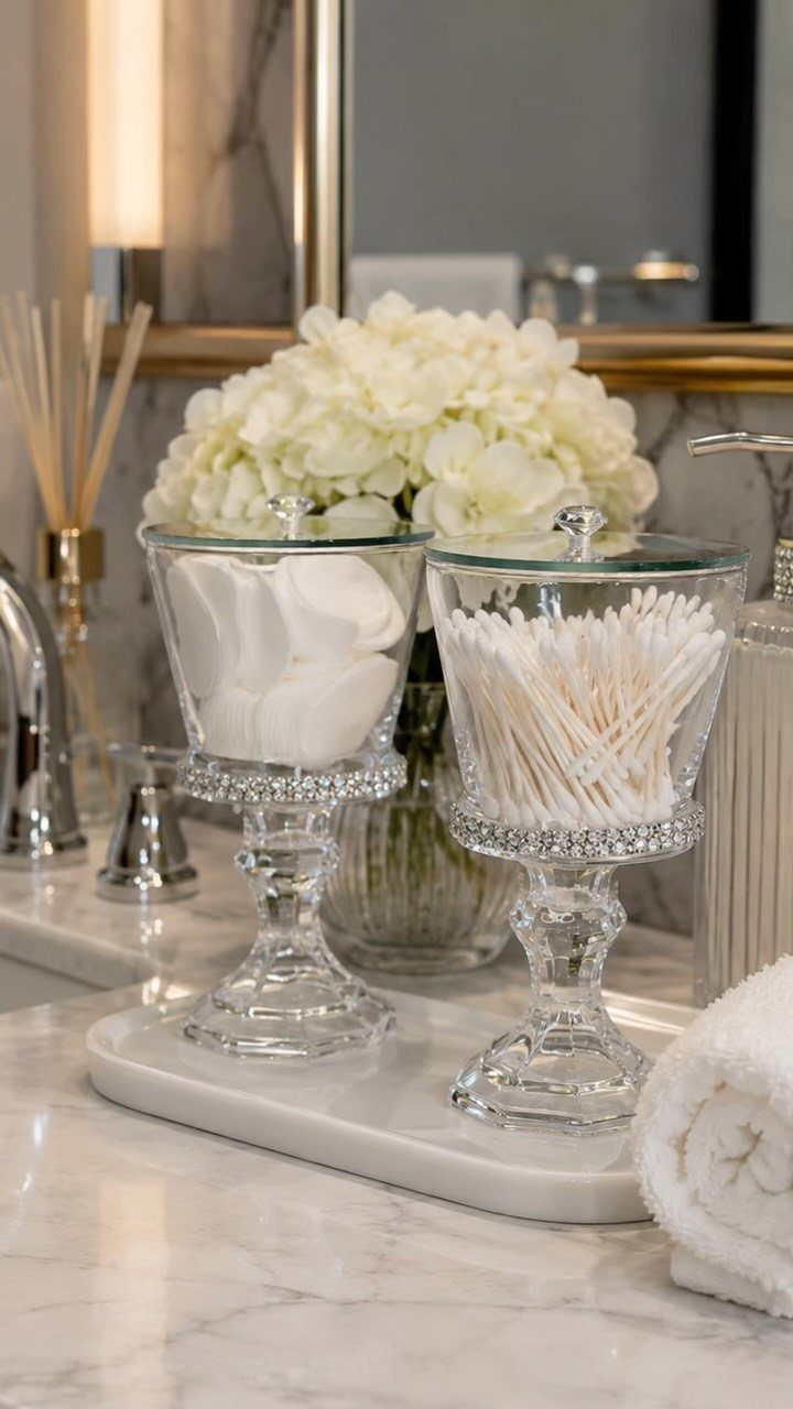 Two decorative glass pedestal jars containing cotton pads and swabs on a marble tray.