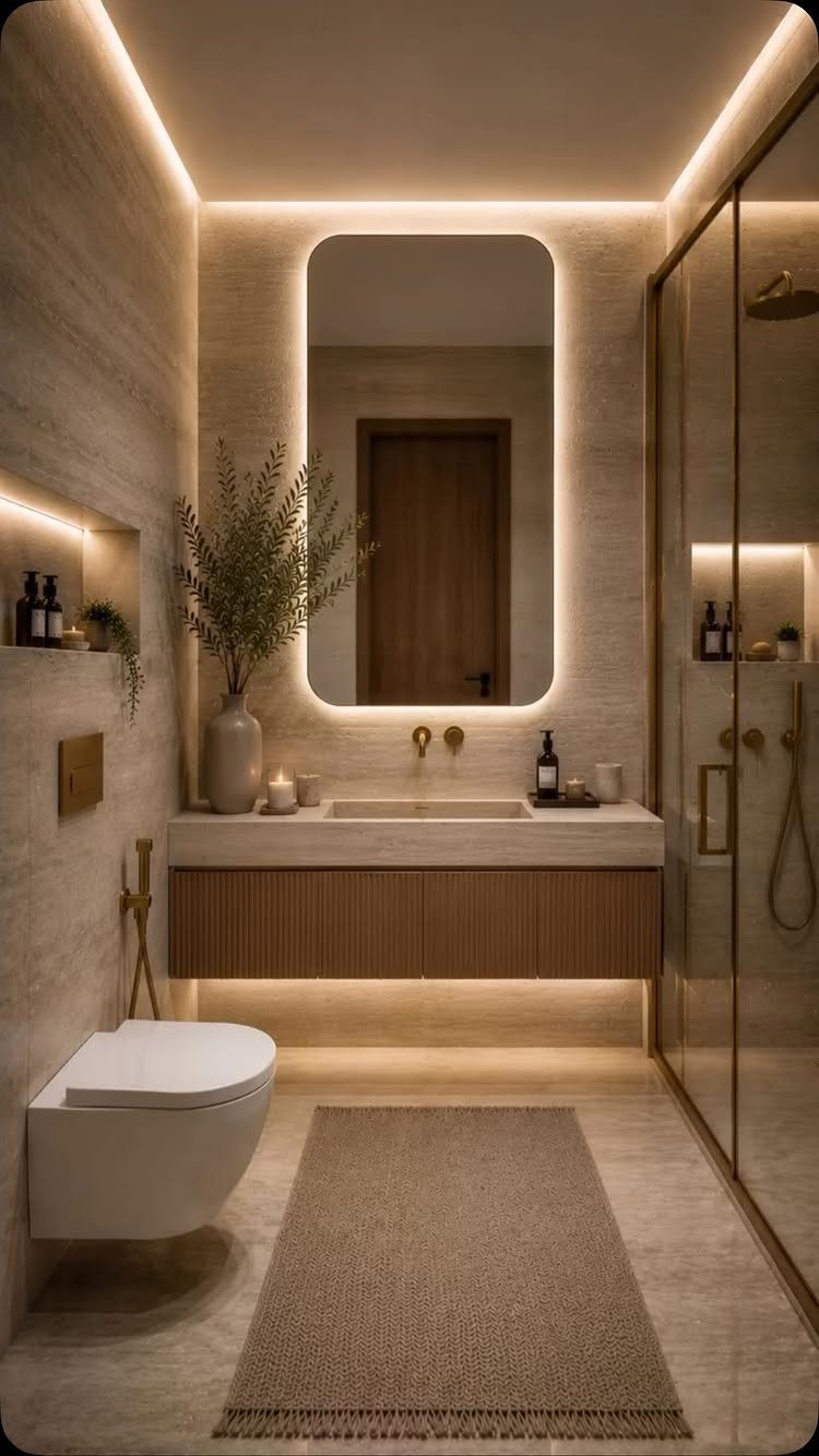 Modern bathroom with a wooden floating vanity, backlit mirror, and stone walls under warm lighting.