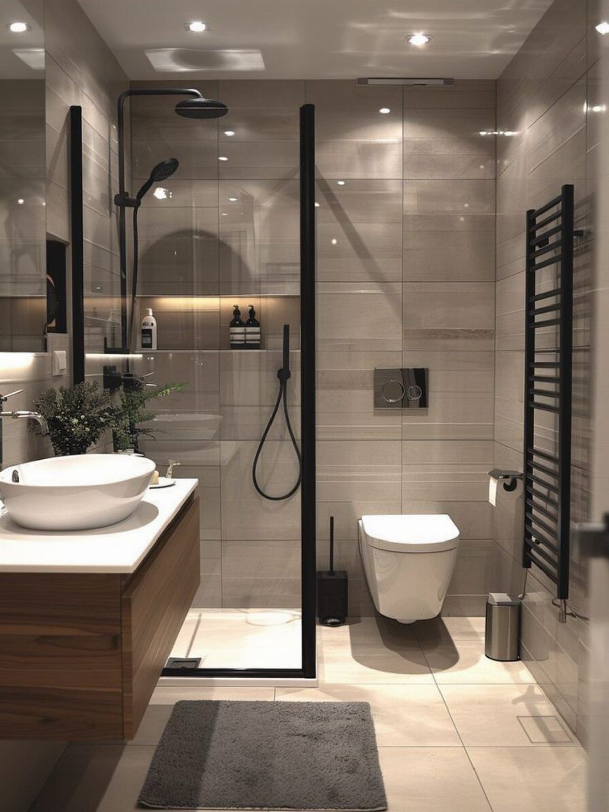 Modern bathroom with a white wall-hung toilet, glass shower, and wooden vanity unit.