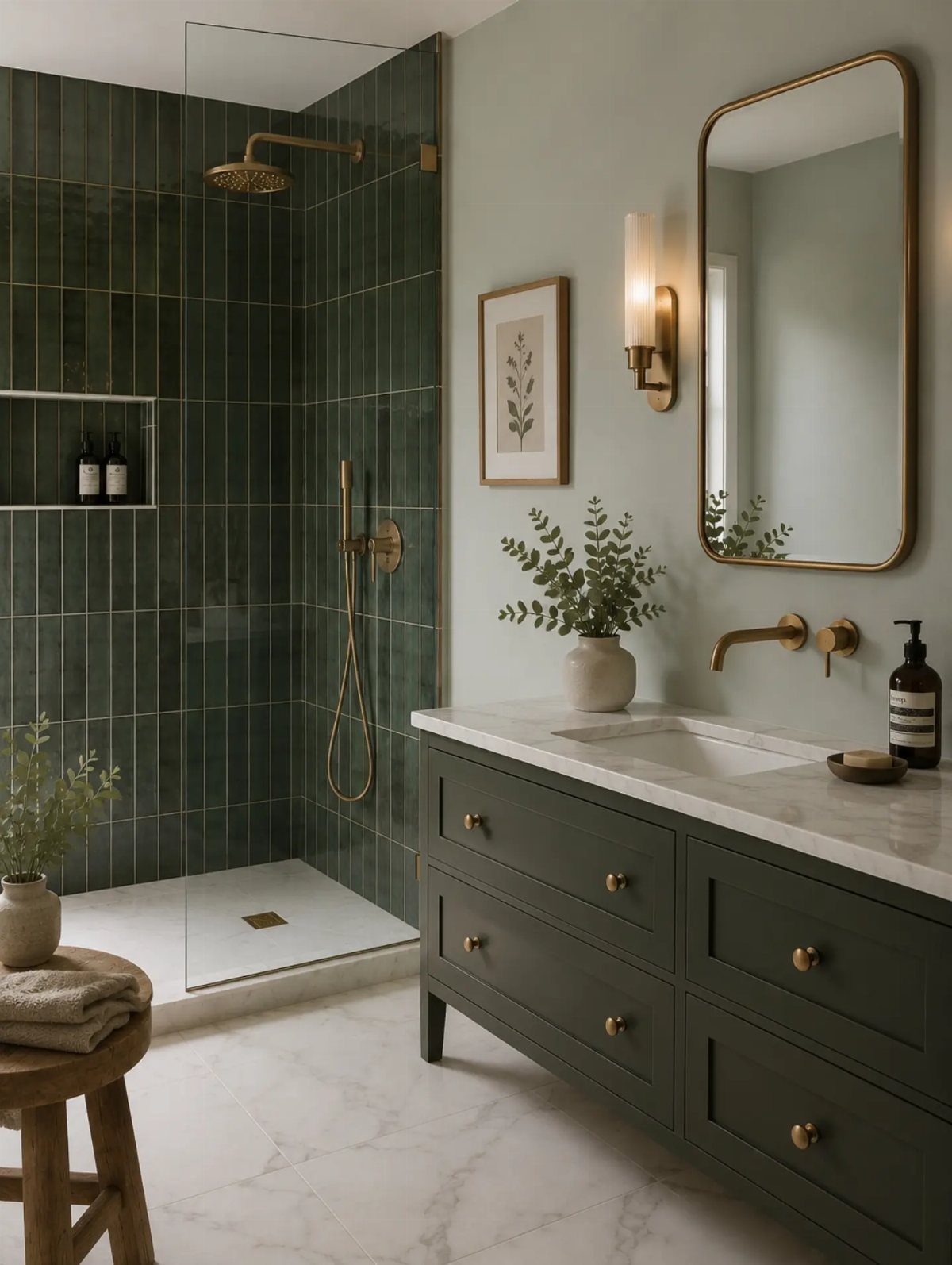Modern bathroom with dark green tiled shower, sage green walls, and a dark green vanity.