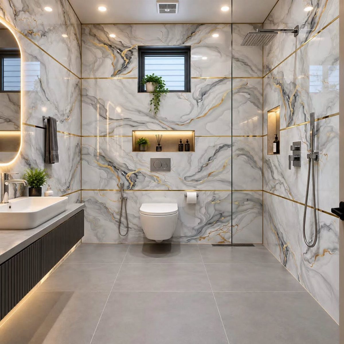 Modern bathroom with large marble patterned wall tiles and gold accents.