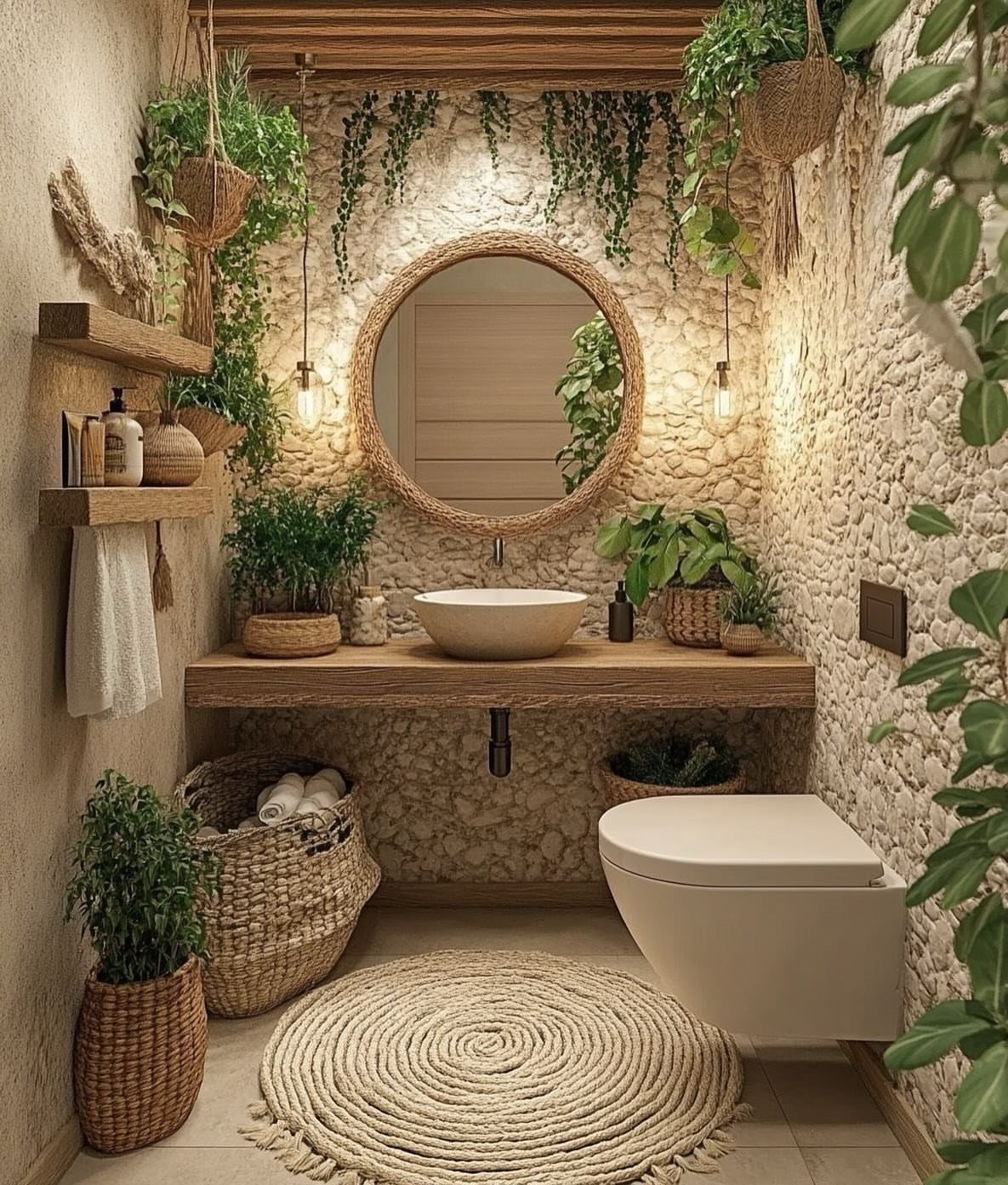 Stone walls and wooden vanity in a bathroom filled with lush green plants and natural textures.