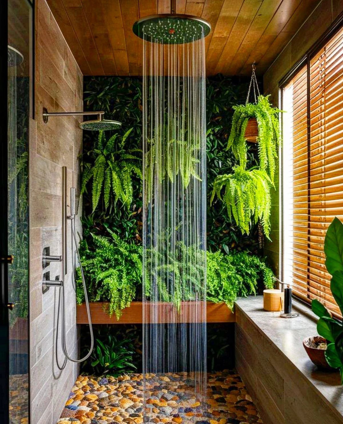 Rainfall shower with water falling onto pebbles and a lush green plant wall in a wooden bathroom.