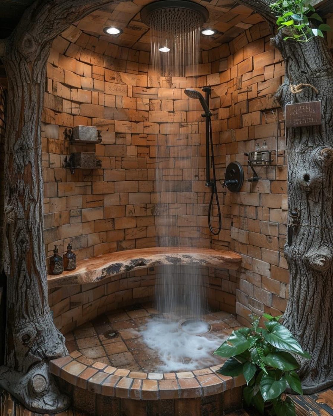 A rustic stone shower stall featuring tree trunk pillars, a wooden bench, and flowing water.
