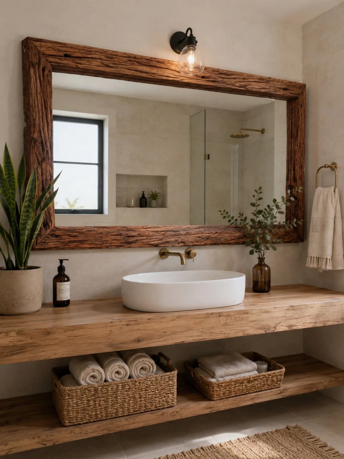 A rustic bathroom featuring a natural wood floating vanity with a white vessel sink and large mirror.