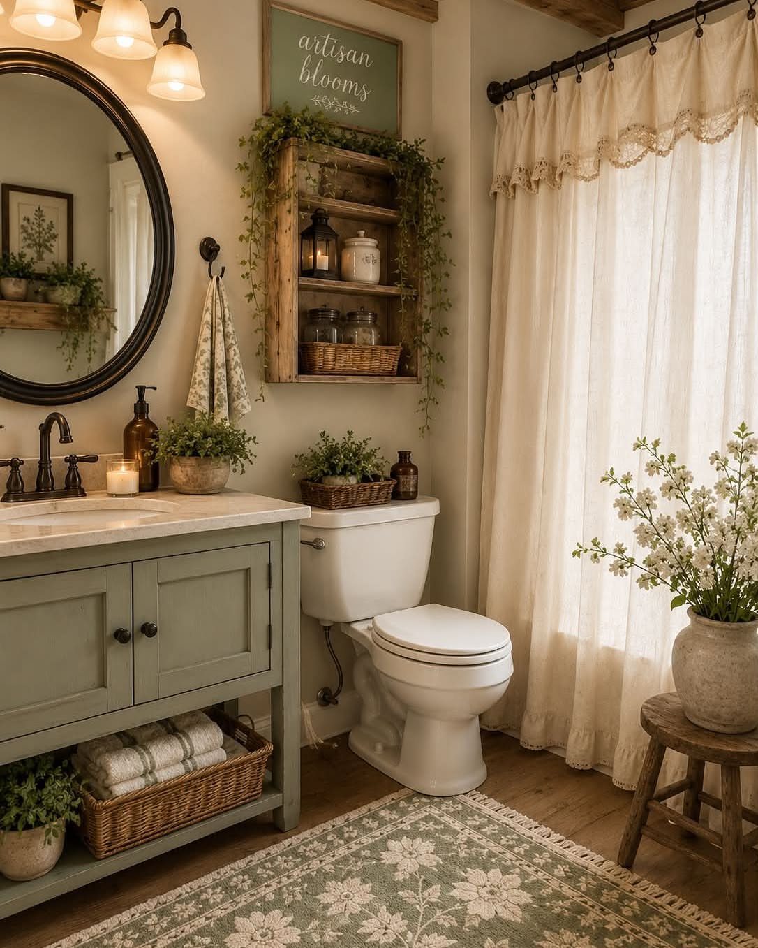 A rustic bathroom with a sage green vanity, white toilet, and cream curtains.