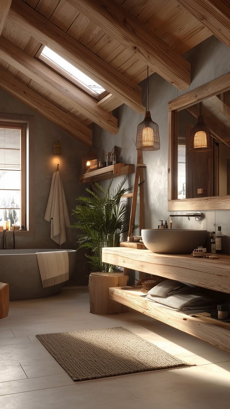 Rustic bathroom with wooden beams, a vessel sink on a timber vanity, and a woven rug.