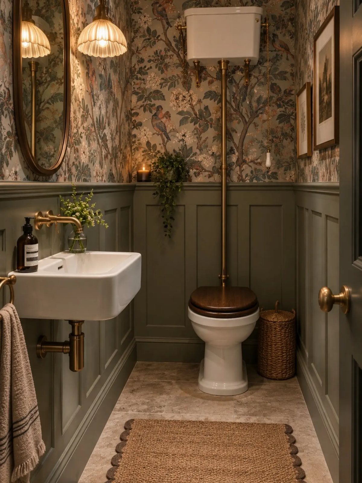 Olive green wood paneling wainscoting covers the lower half of a floral patterned bathroom wall.