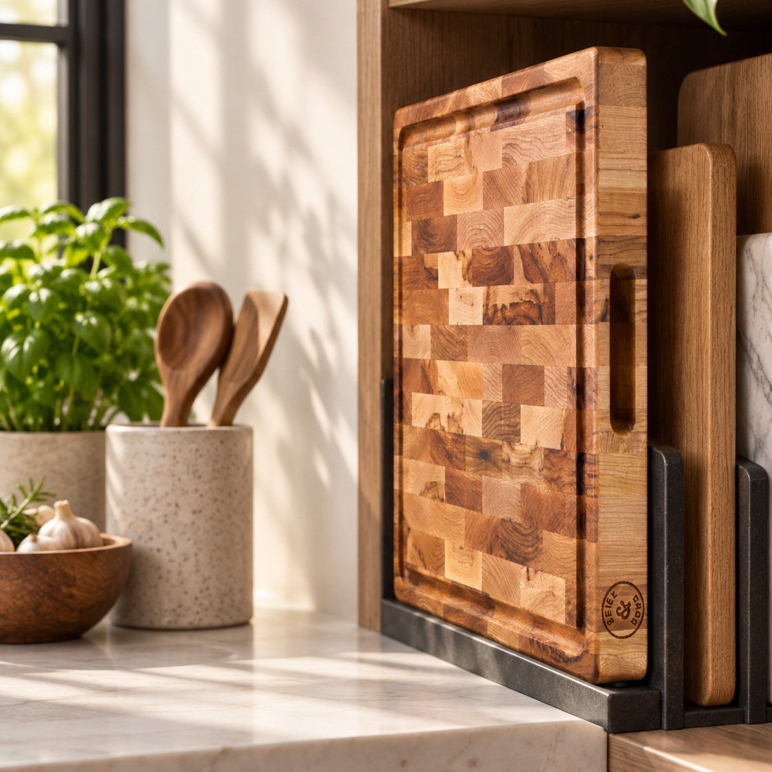 Wooden cutting boards stored upright in a black metal organizer on a marble kitchen countertop.