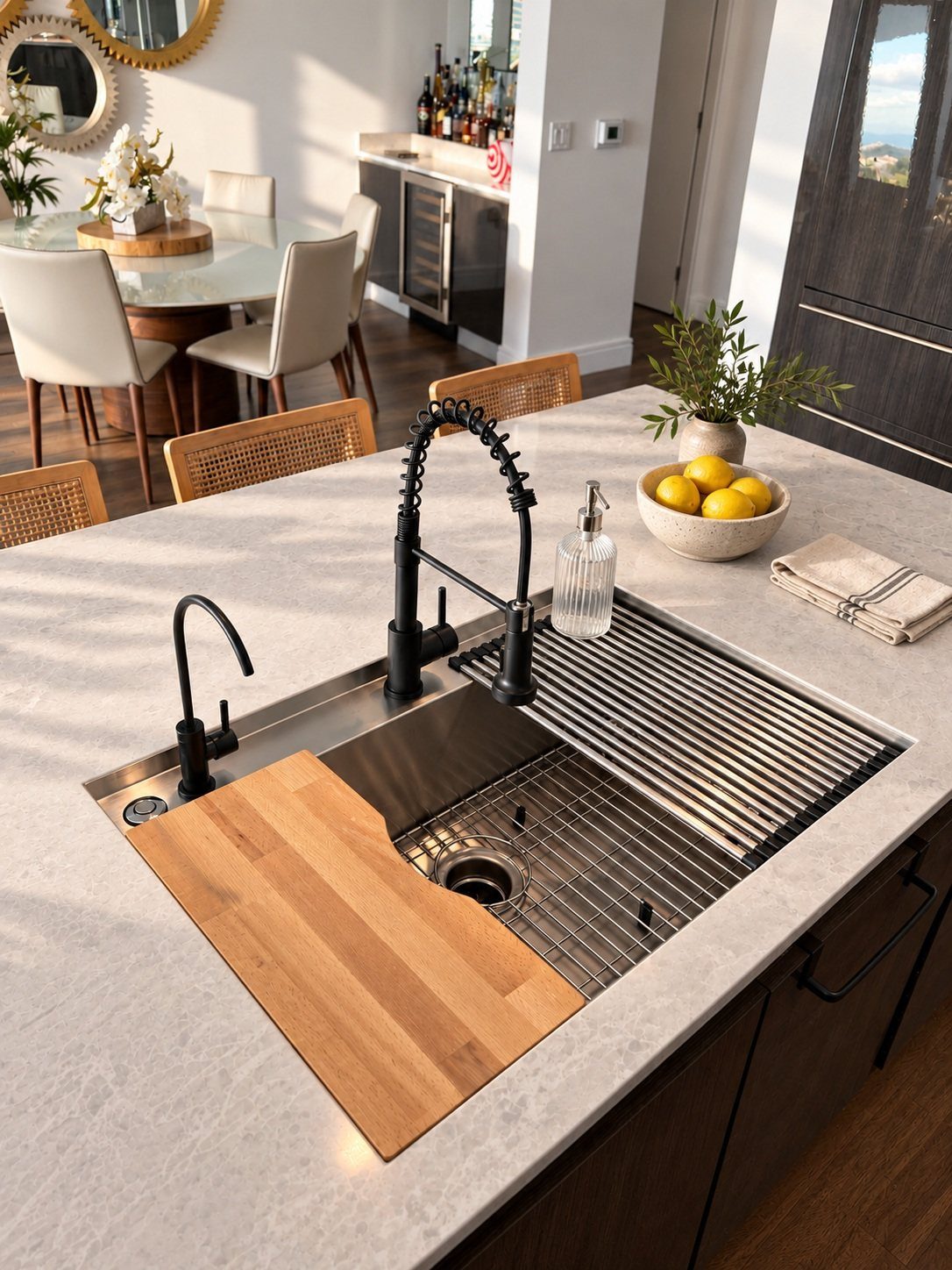 A wooden cutting board integrated into a stainless steel kitchen sink on a marble island.