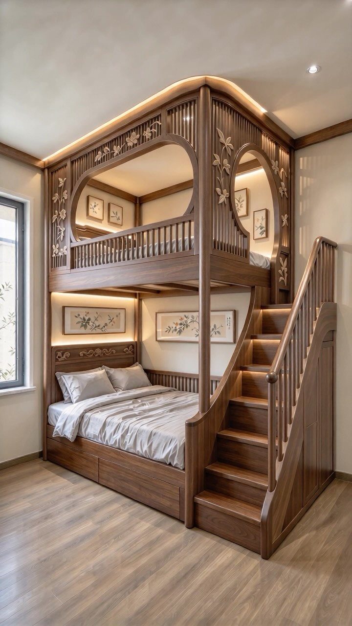 Ornate wooden bunk beds with built-in stairs and integrated lighting in a modern bedroom.