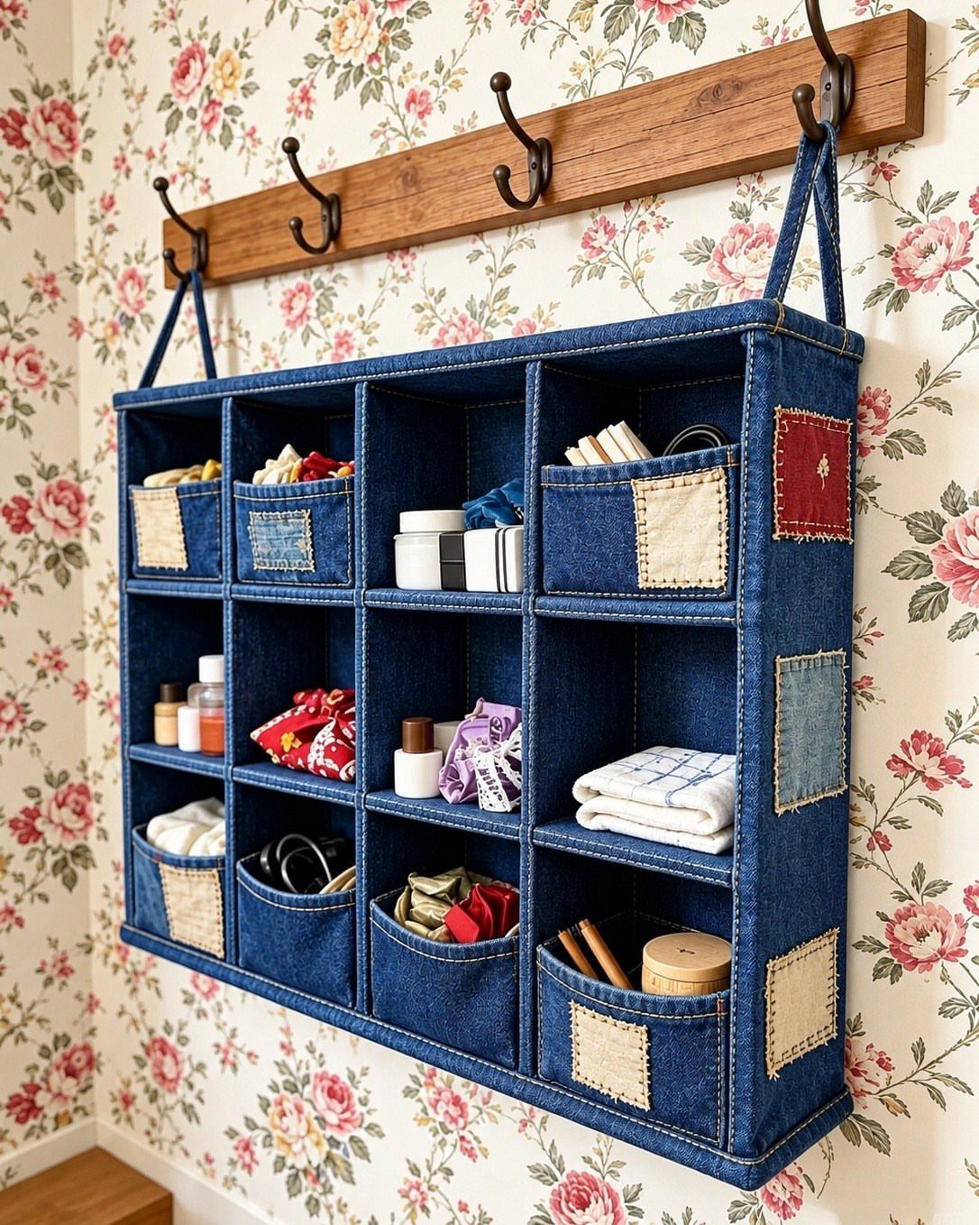 A blue denim hanging organizer with multiple compartments hanging from a wooden rack on floral wallpaper.