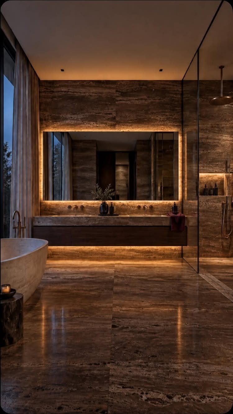 A luxury bathroom with a large backlit mirror and a white freestanding bathtub.