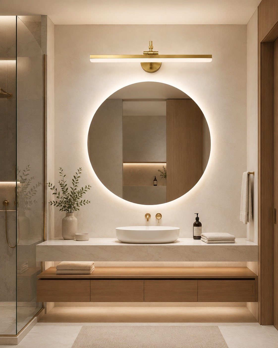Modern bathroom vanity with a backlit round mirror and a gold horizontal light fixture above the sink.
