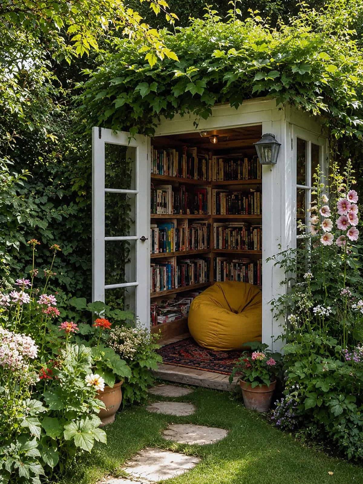 A white garden shed converted into a cozy reading nook with bookshelves and a yellow beanbag.
