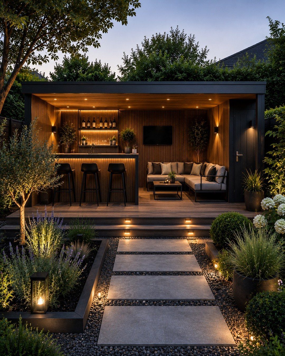 Modern garden bar and lounge area with wooden paneling and warm lighting in a landscaped backyard.