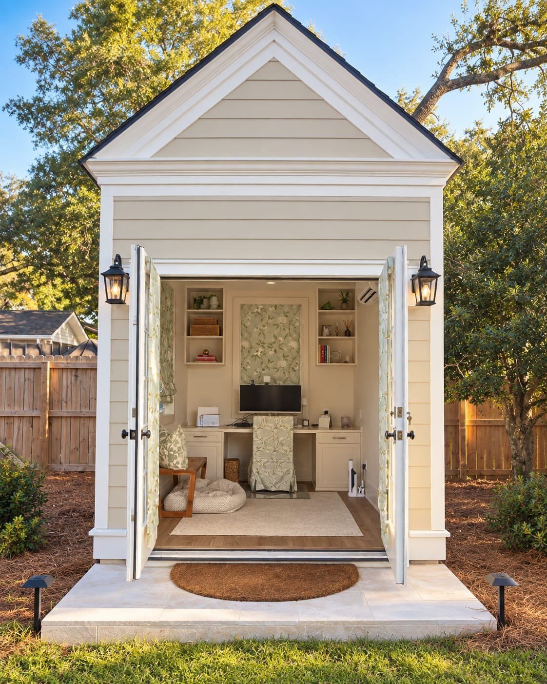 A small beige garden shed opened to reveal a modern home office interior.