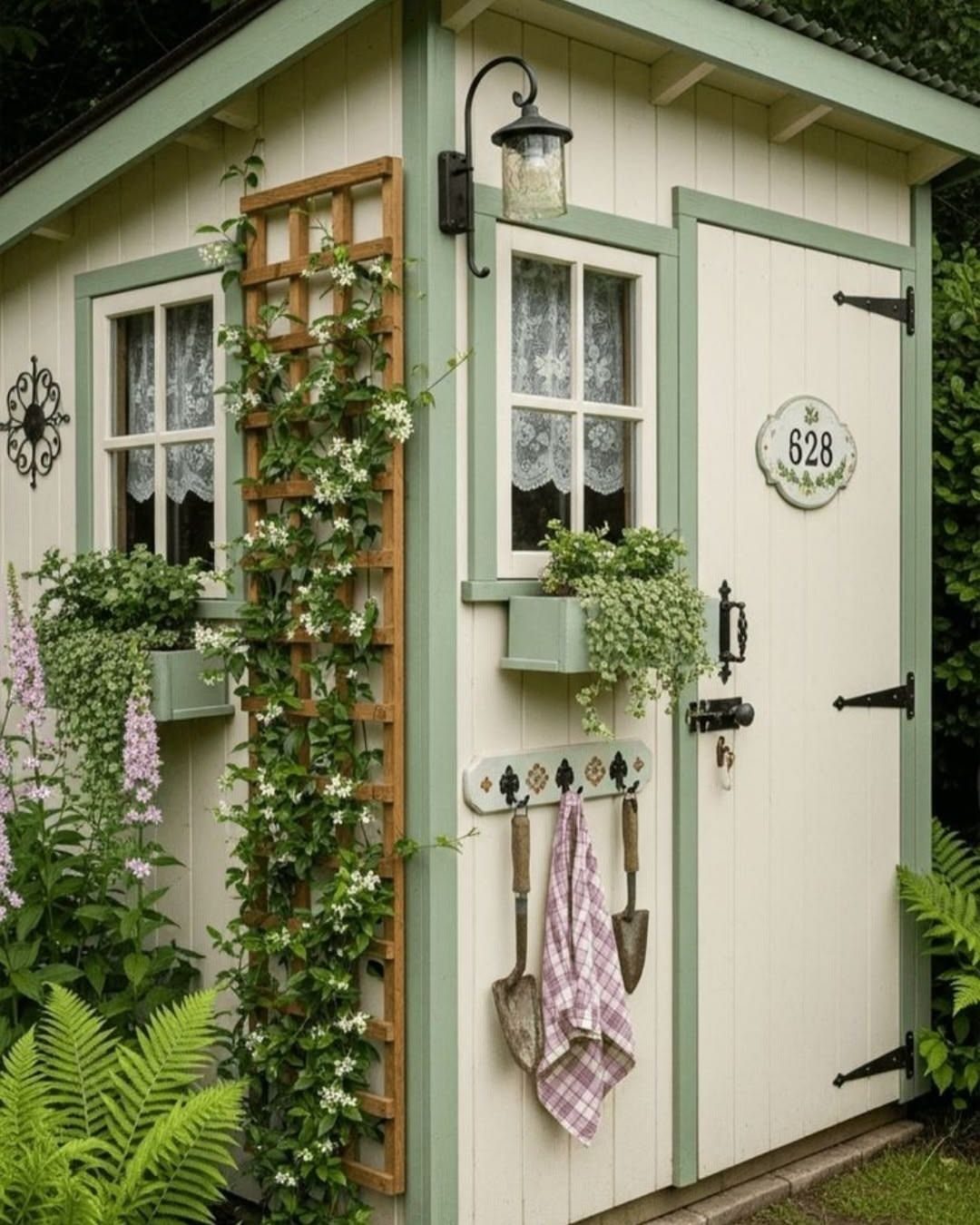 A cream garden shed with green trim, featuring a wooden trellis with climbing white flowers.