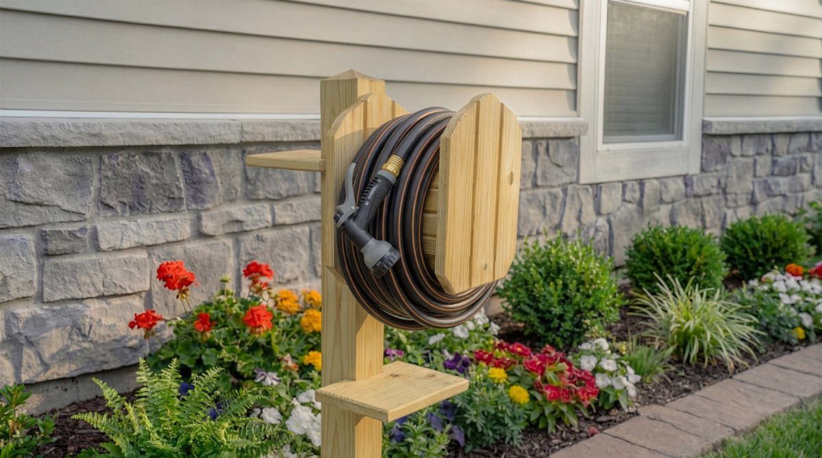 A wooden hose holder with shelves holding a coiled garden hose in a flower garden.