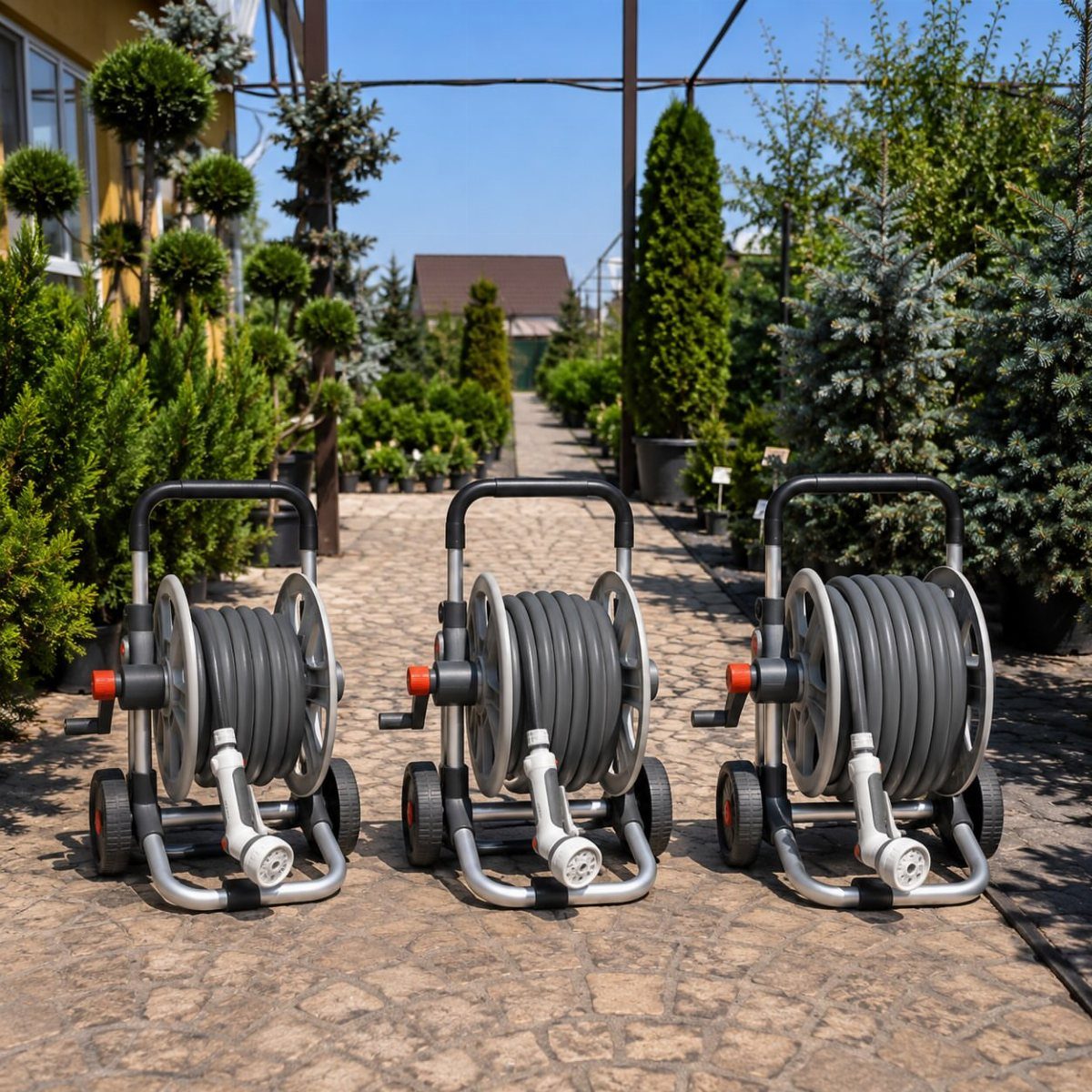 Three grey hose management carts with black handles lined up on a stone garden path.