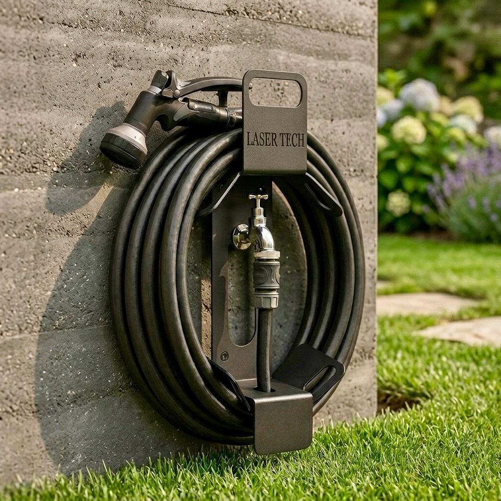 A black garden hose coiled on a metal wall-mounted holder against a concrete wall.
