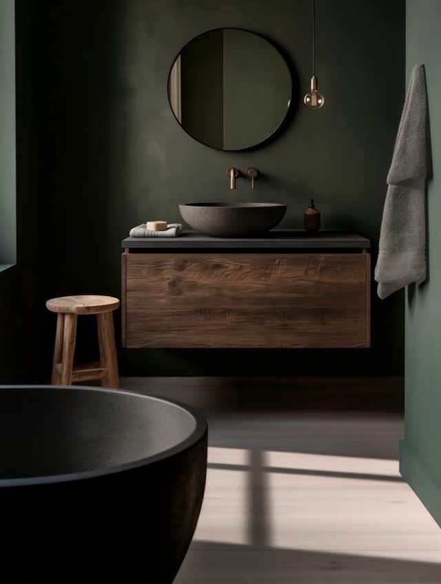 Dark green bathroom interior with a wooden vanity, black vessel sink, and a round mirror.