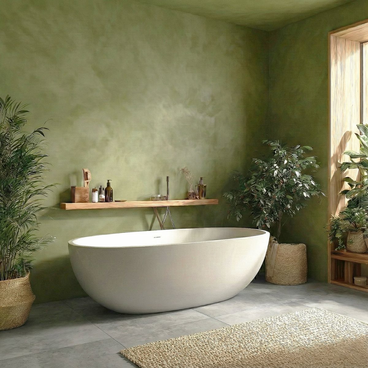 White freestanding bathtub against textured deep gray-green limewash walls with potted plants.