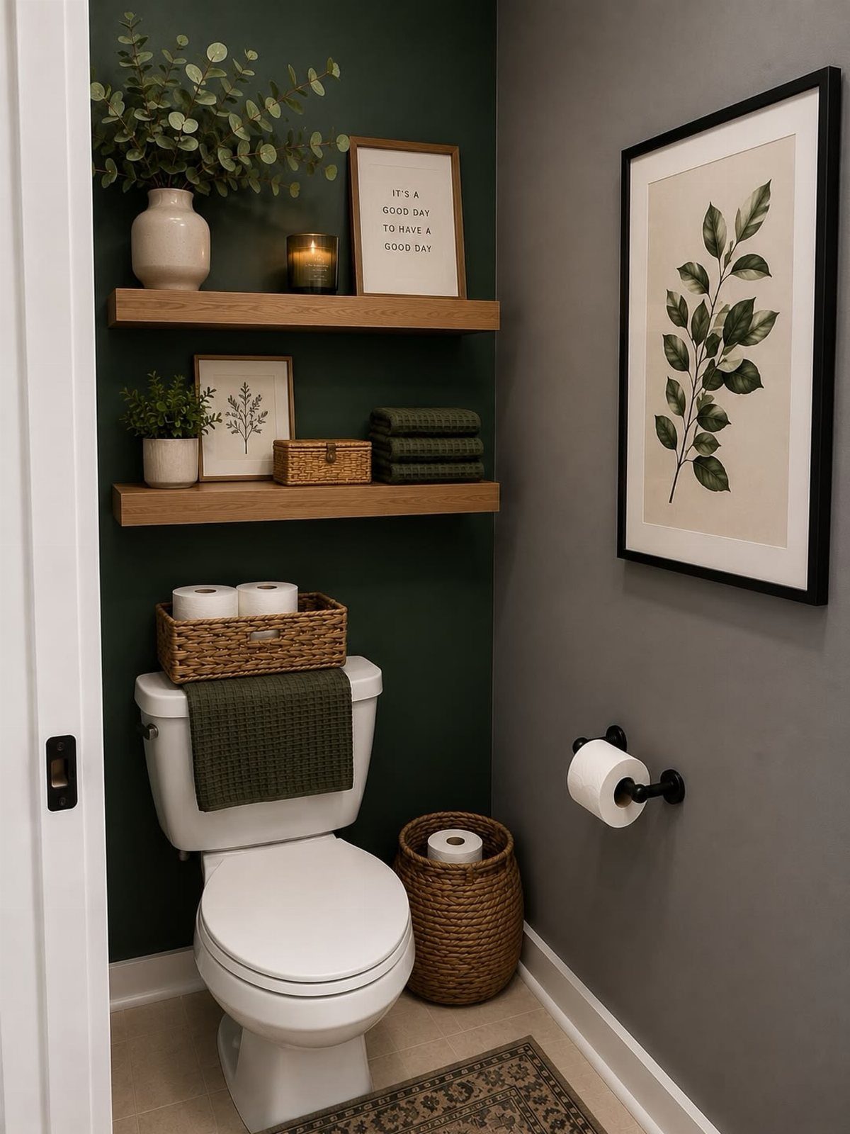A white toilet sits against a dark green accent wall with wooden floating shelves.